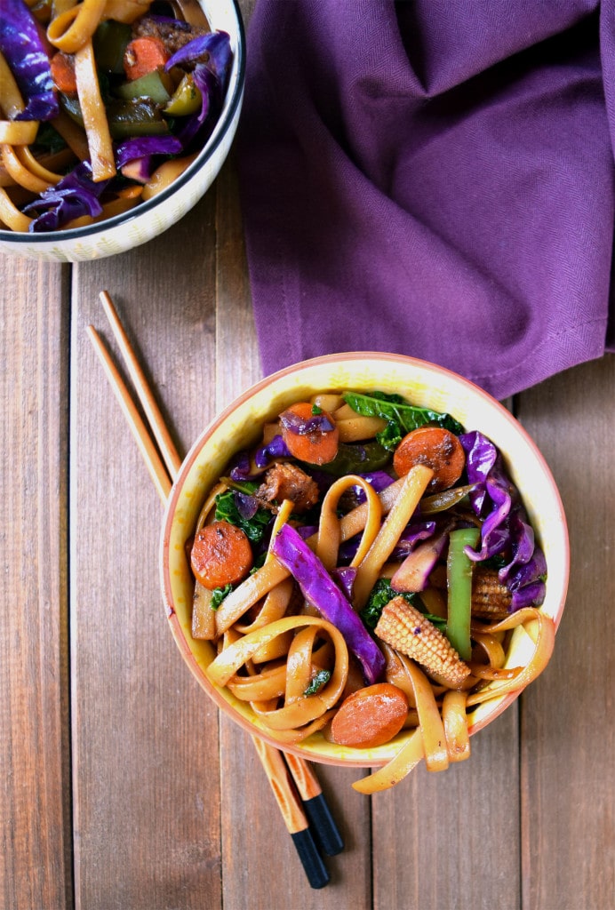 Vegan Mongolian noodles and veggies stir fry in spicy soy ginger sauce
