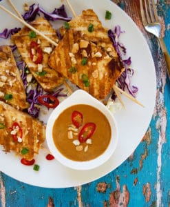 Vegan Pad thai style tofu satay skewers with peanut sauce