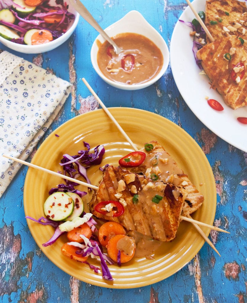 Vegan Pad thai style tofu satay skewers with peanut sauce