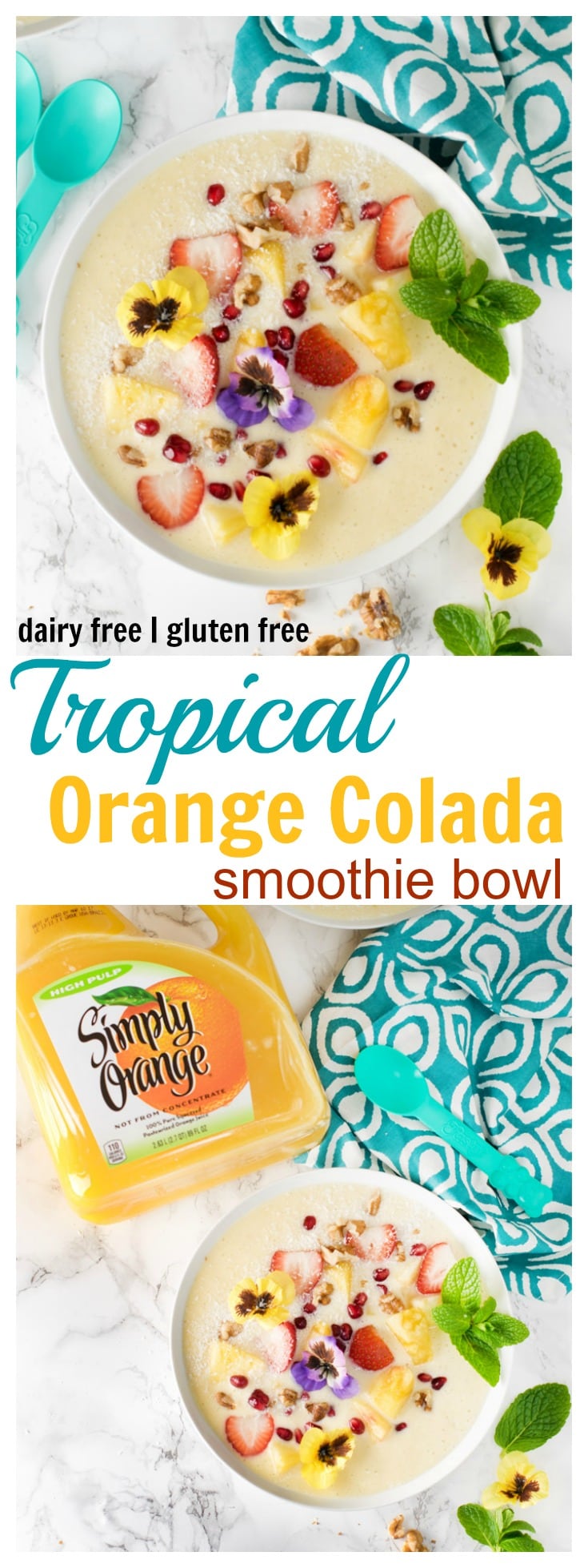 Tropical orange colada smoothie bowl dairy free