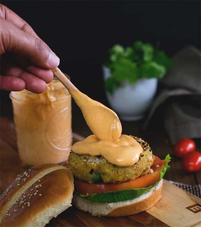3 ingredient killer vegan burger sauce recipe which takes just 1 minute to whip up .It is spicy , creamy and full of zing that you wish to have in your burger sauce.