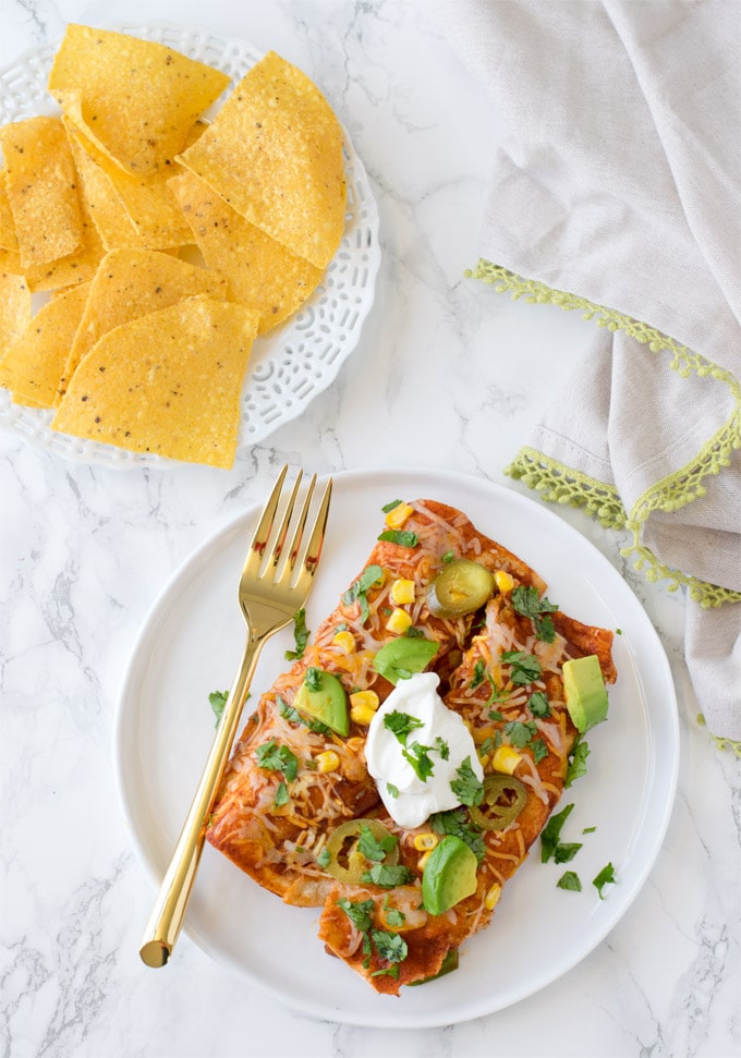 Easy Vegetarian Enchiladas with refried beans & vegetables