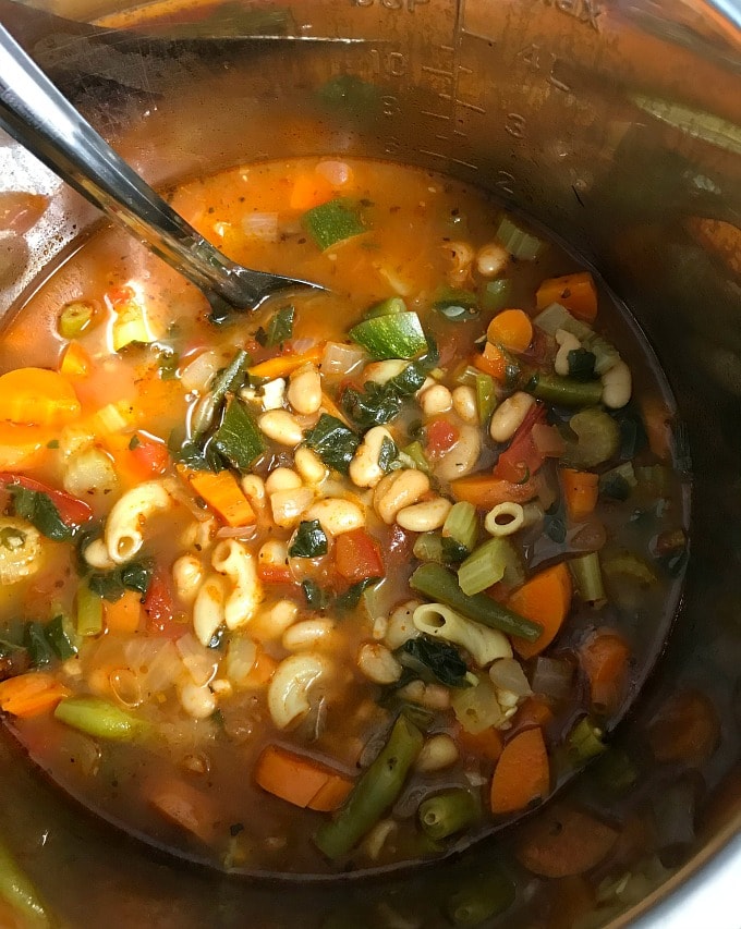 Vegan Minestrone soup cooked in an Instant Pot ready to be served.
