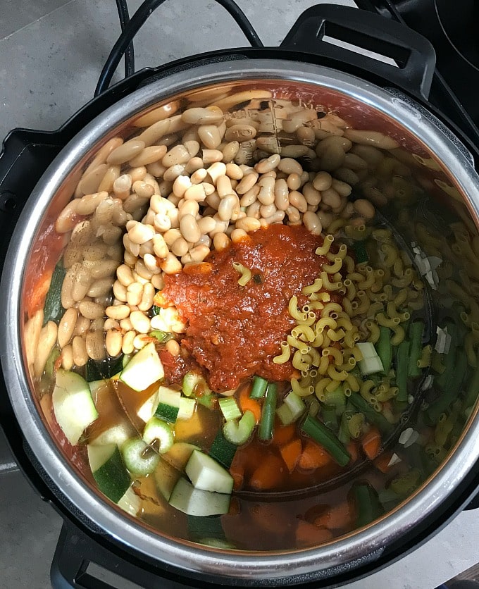 Instant pot minestrone soup ingredients ready to get cooked.
