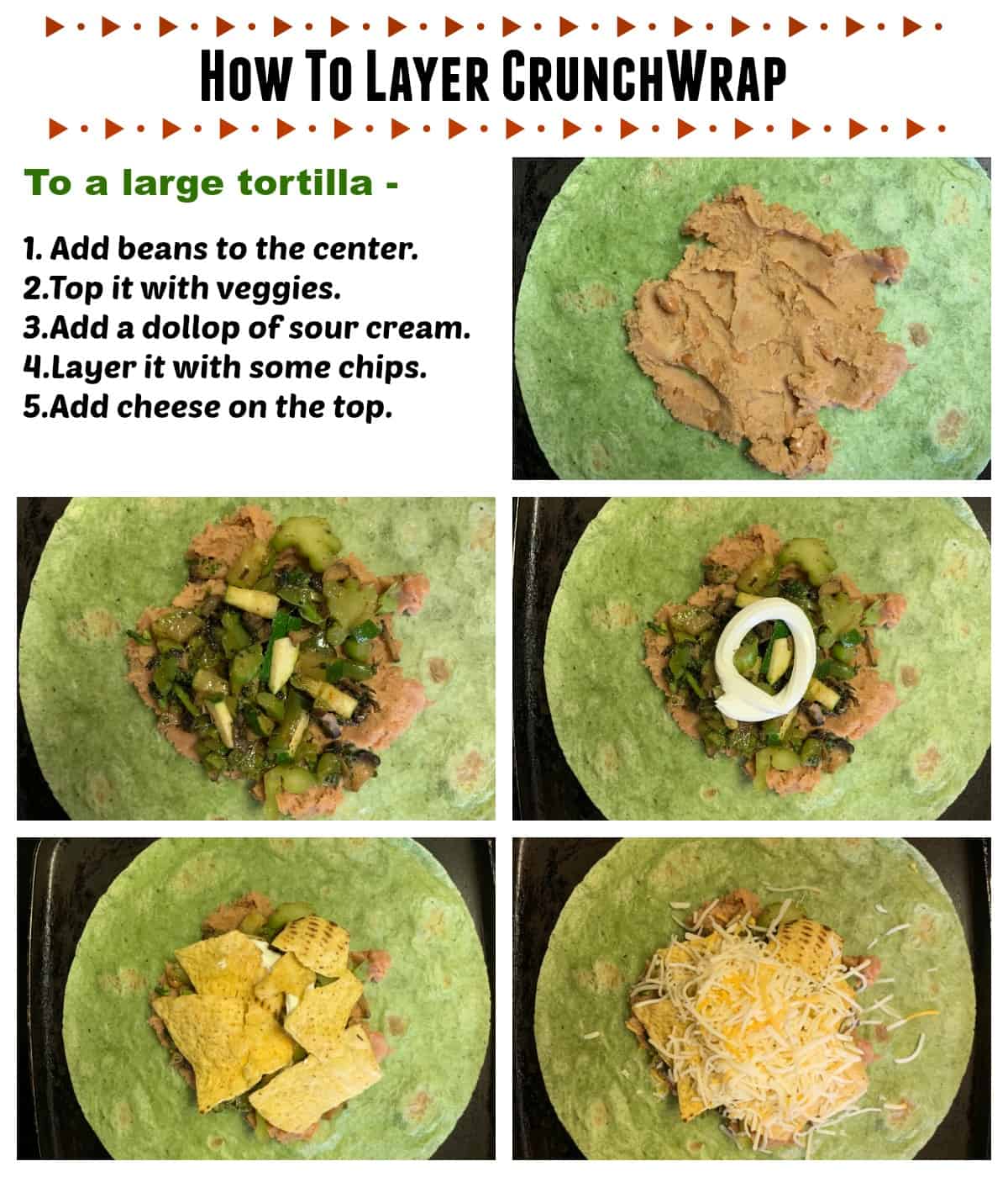 Layering the tortilla with beans and veggies 