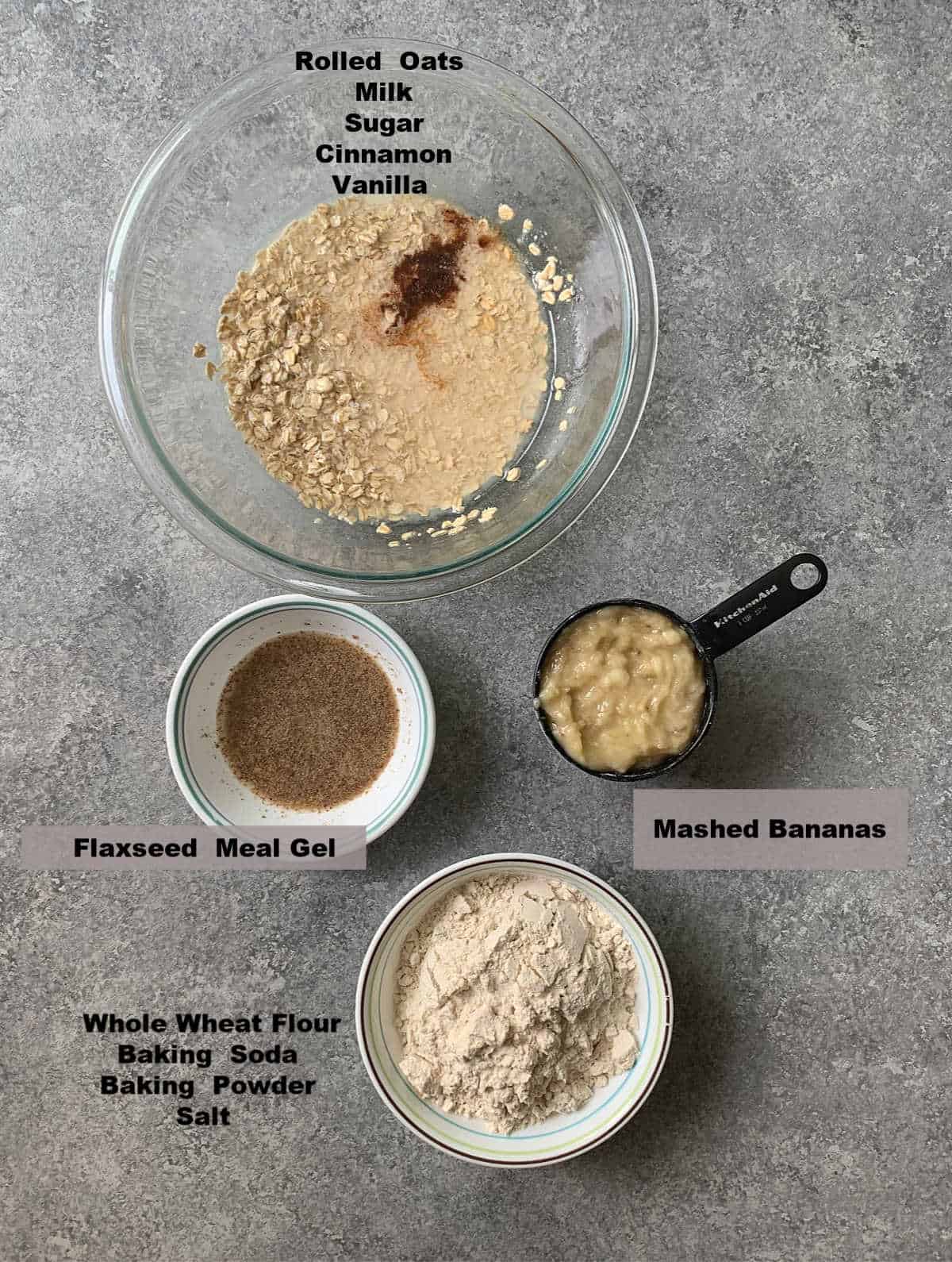 Bowls having ingredients to make vegan banana muffins