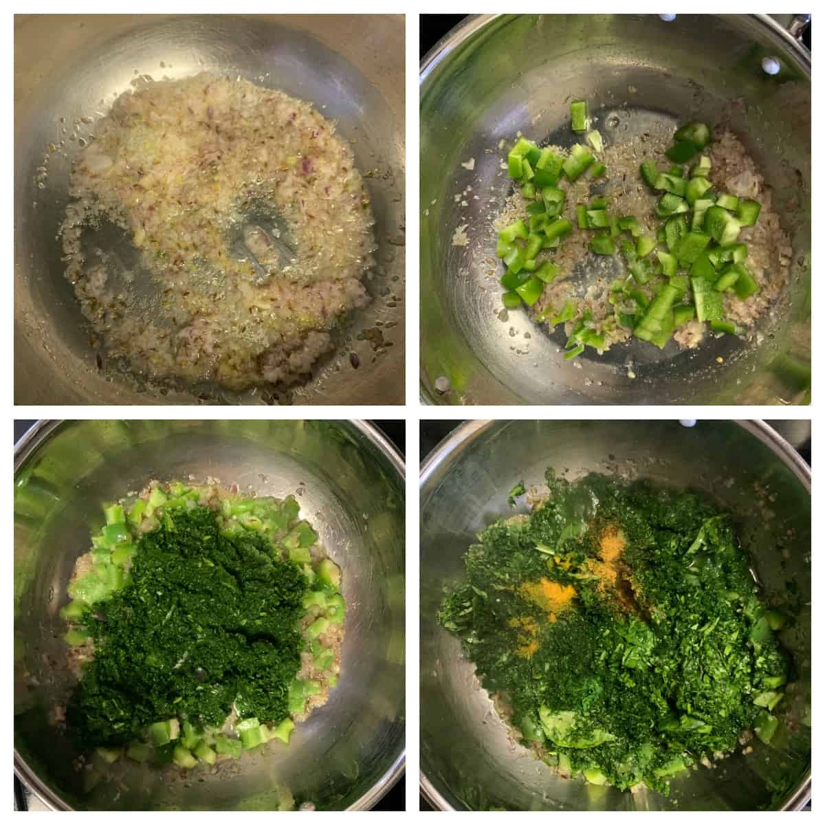 Cooking onions, spinach , peppers with Indian spices