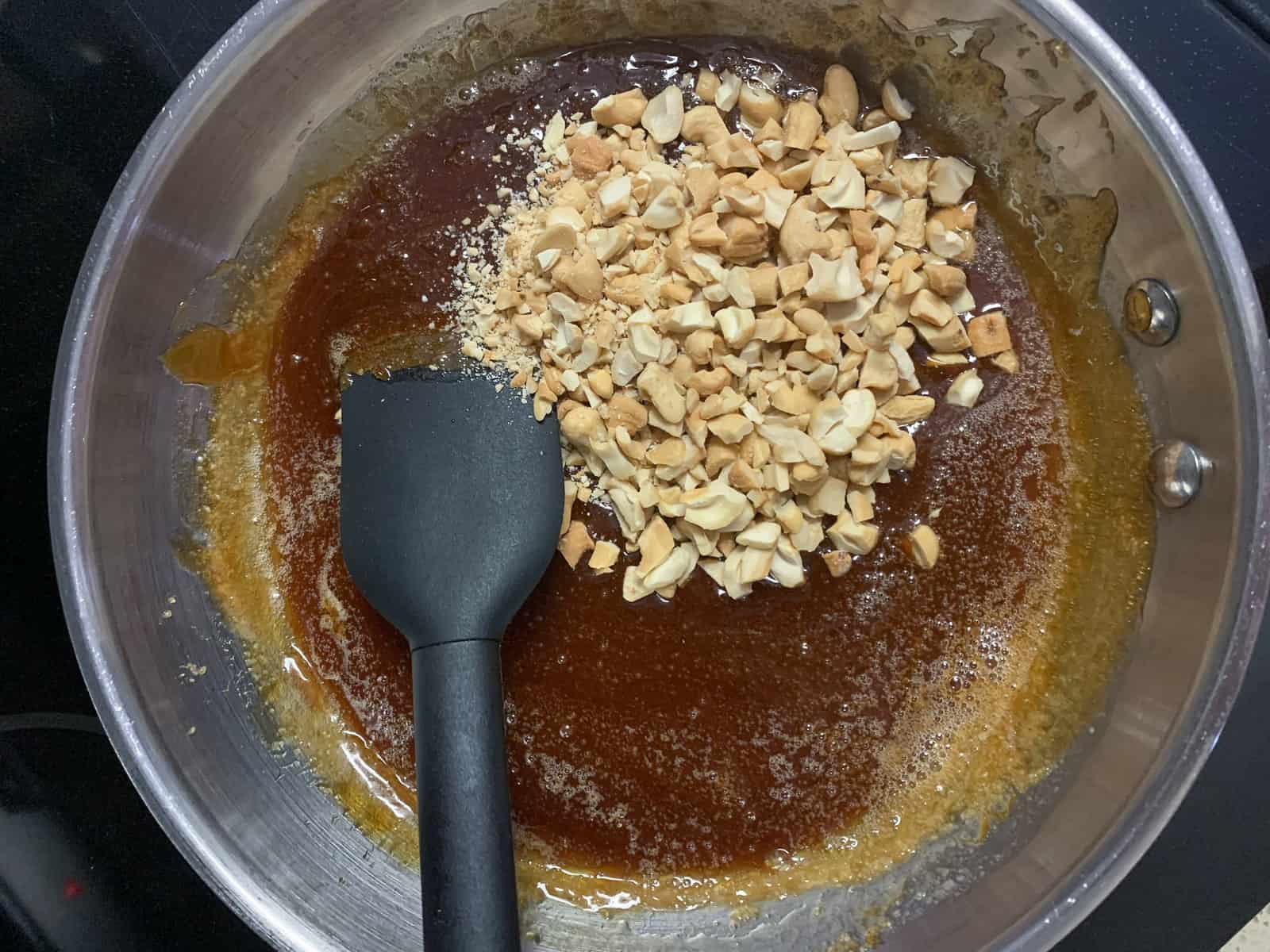 Cashews added to prepared caramel 