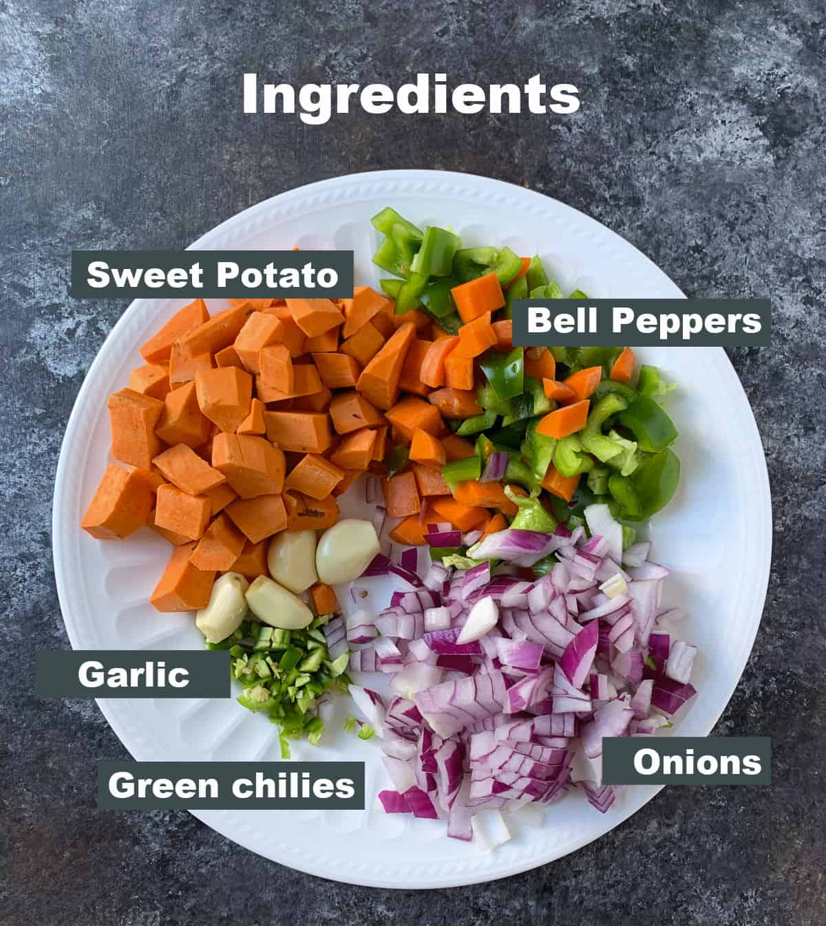 Ingredients to make chili on a white dish