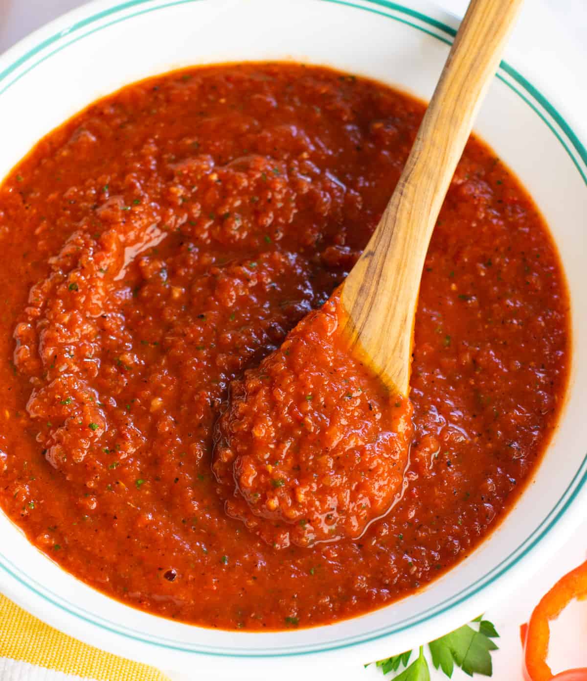 Roasted red pepper sauce in a bowl 