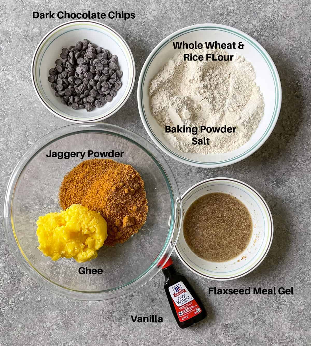 Ingredients to make healthy chocolate chip cookies