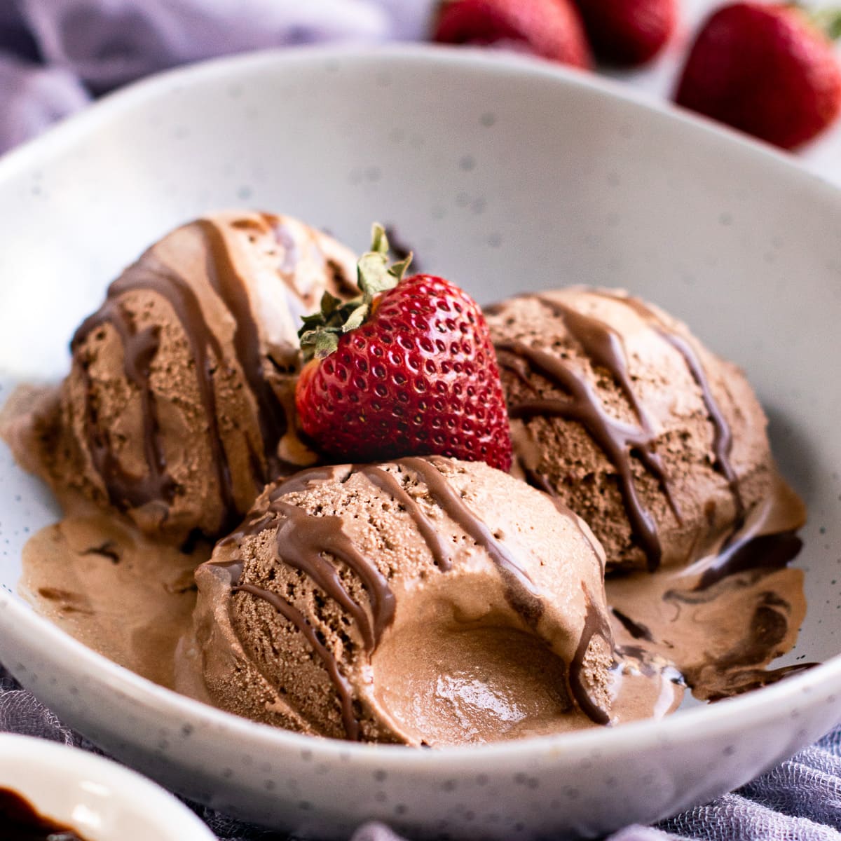 Cuisinart chocolate ice cream in a bowl with strawberry on the top 