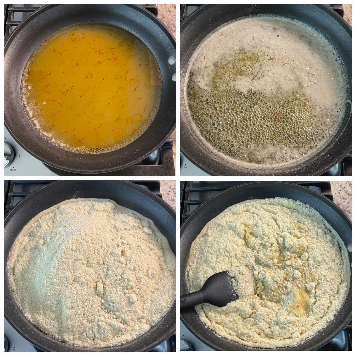 Melting sugar with water and adding almond flour