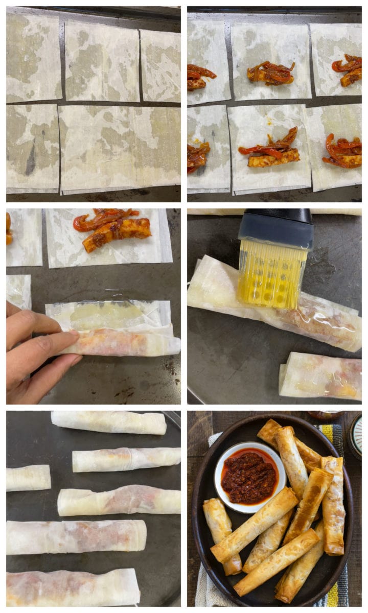 Step by step photos of how to make szechuan paneer cigars.