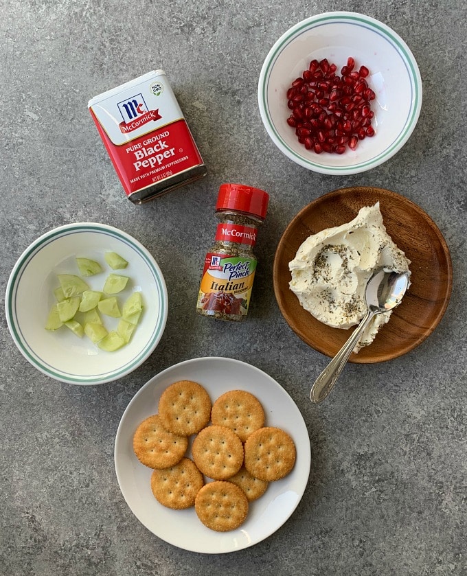 Ingredients to make herb cream cheese cracker appetizer. 