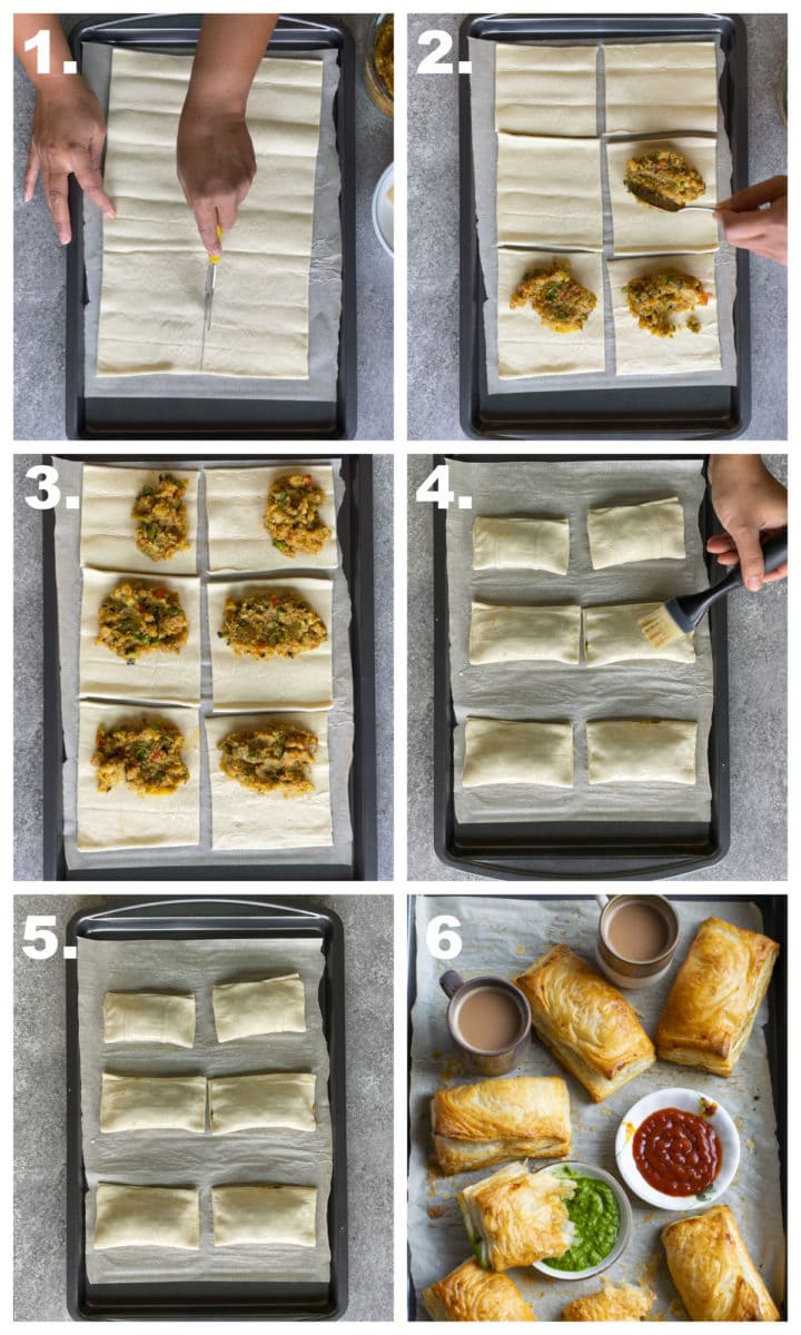 Step by step making puff on a baking sheet.
