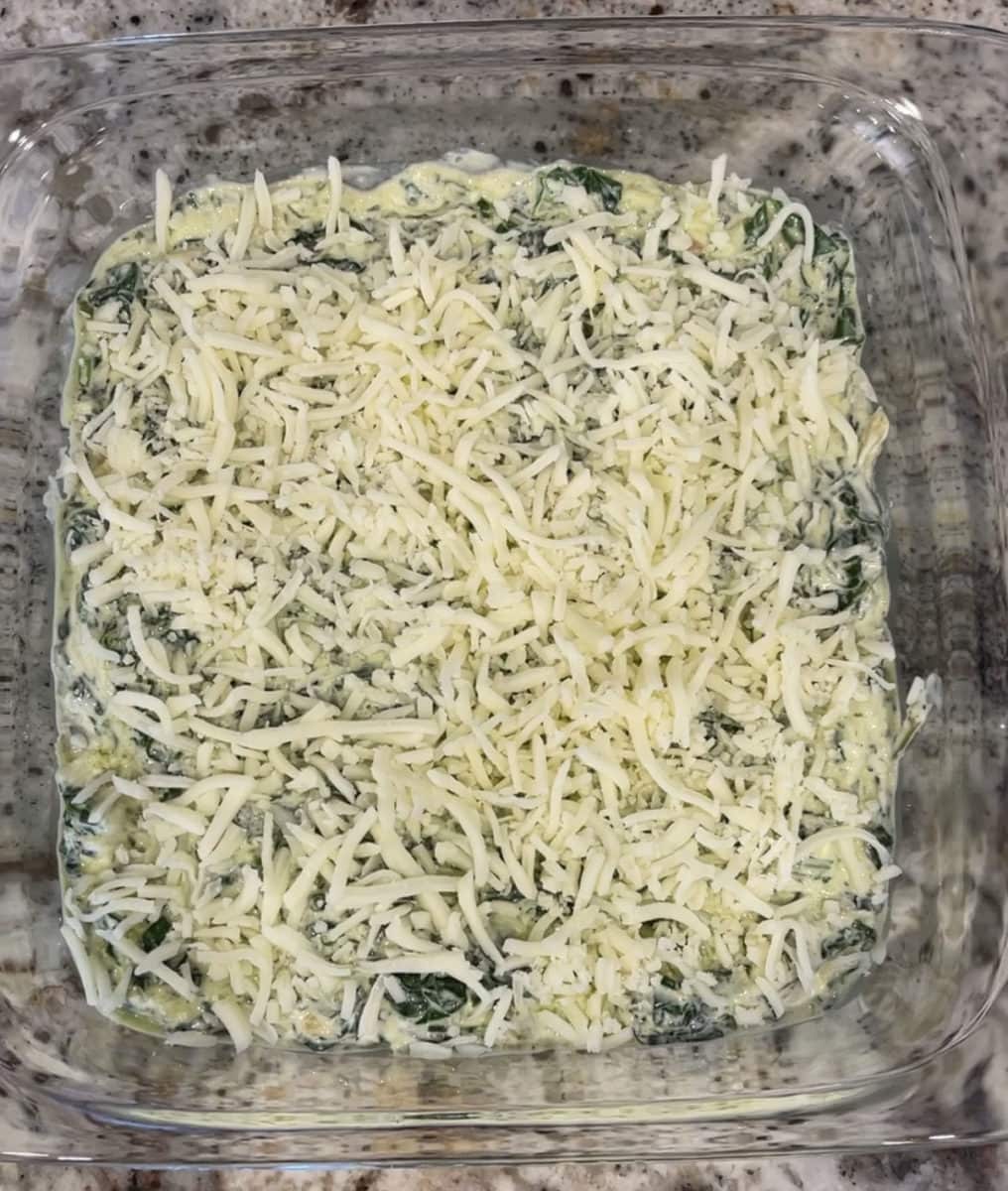 Spinach dip topped with shredded mozzarella all set to be baked.  
