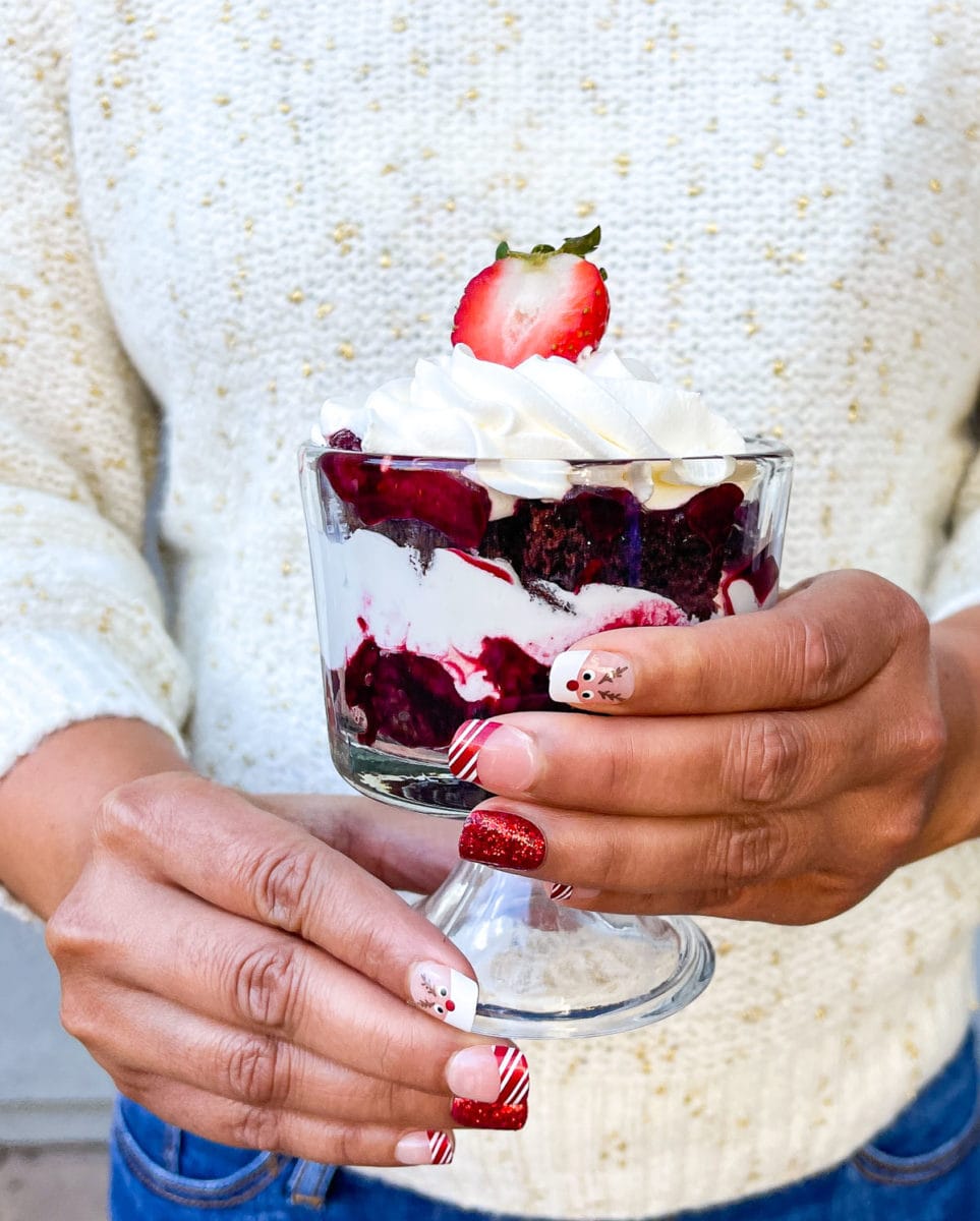 Person holding berry chocolate trifle bowl in the hands. 