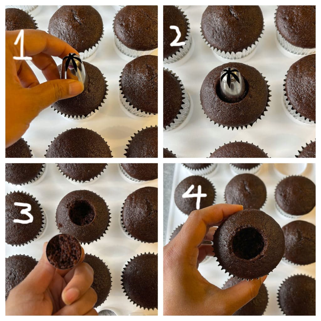 Steps showing how to core and fill a cupcake.