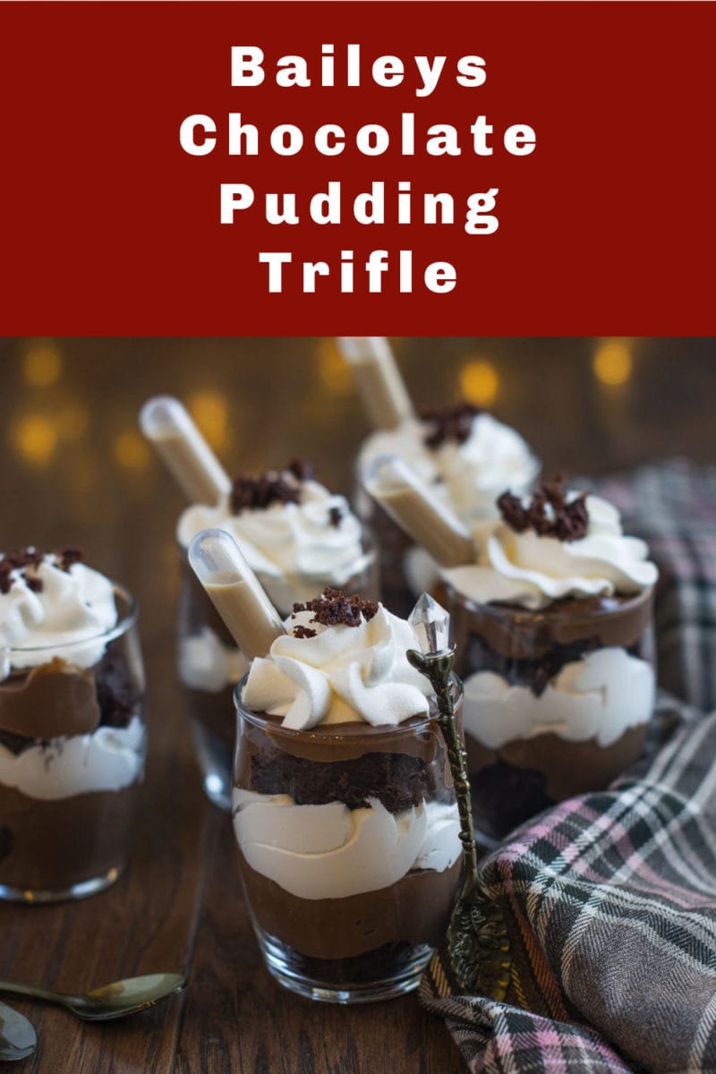 Chocolate pudding trifle served with a spoon on the side. 