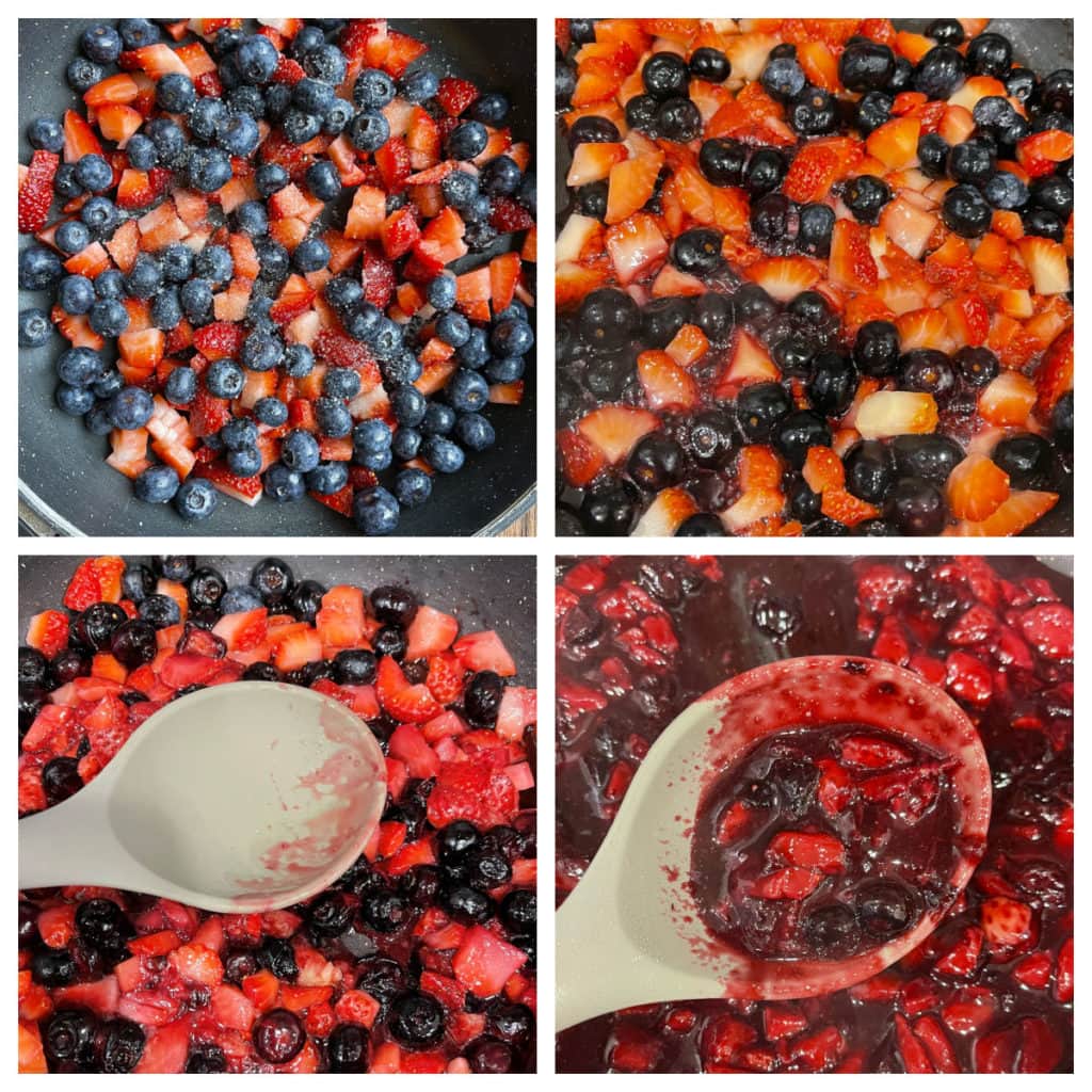 Making the berry compote in a pan.