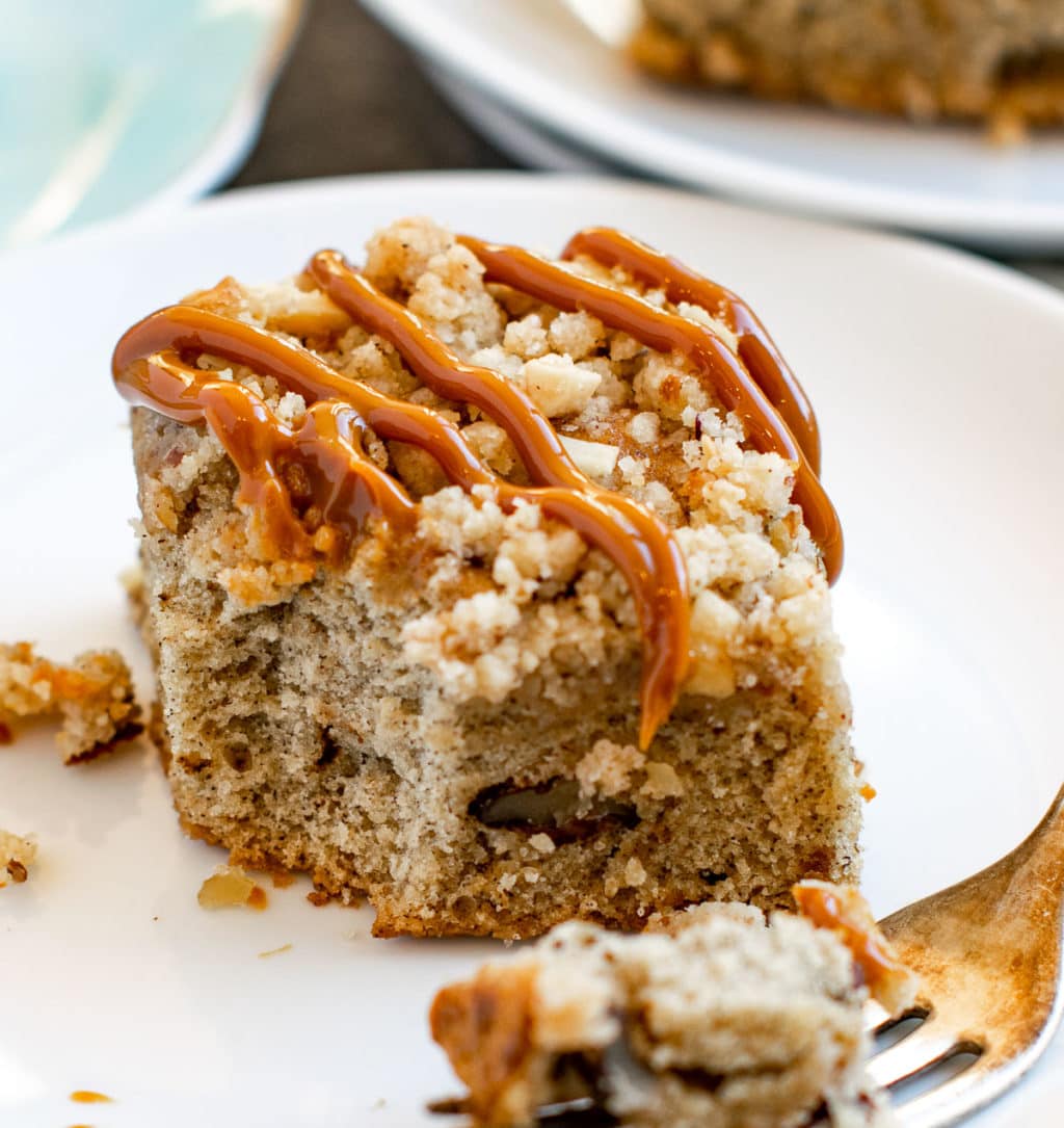 Banana Crumb Cake with caramel drizzled on the top. 