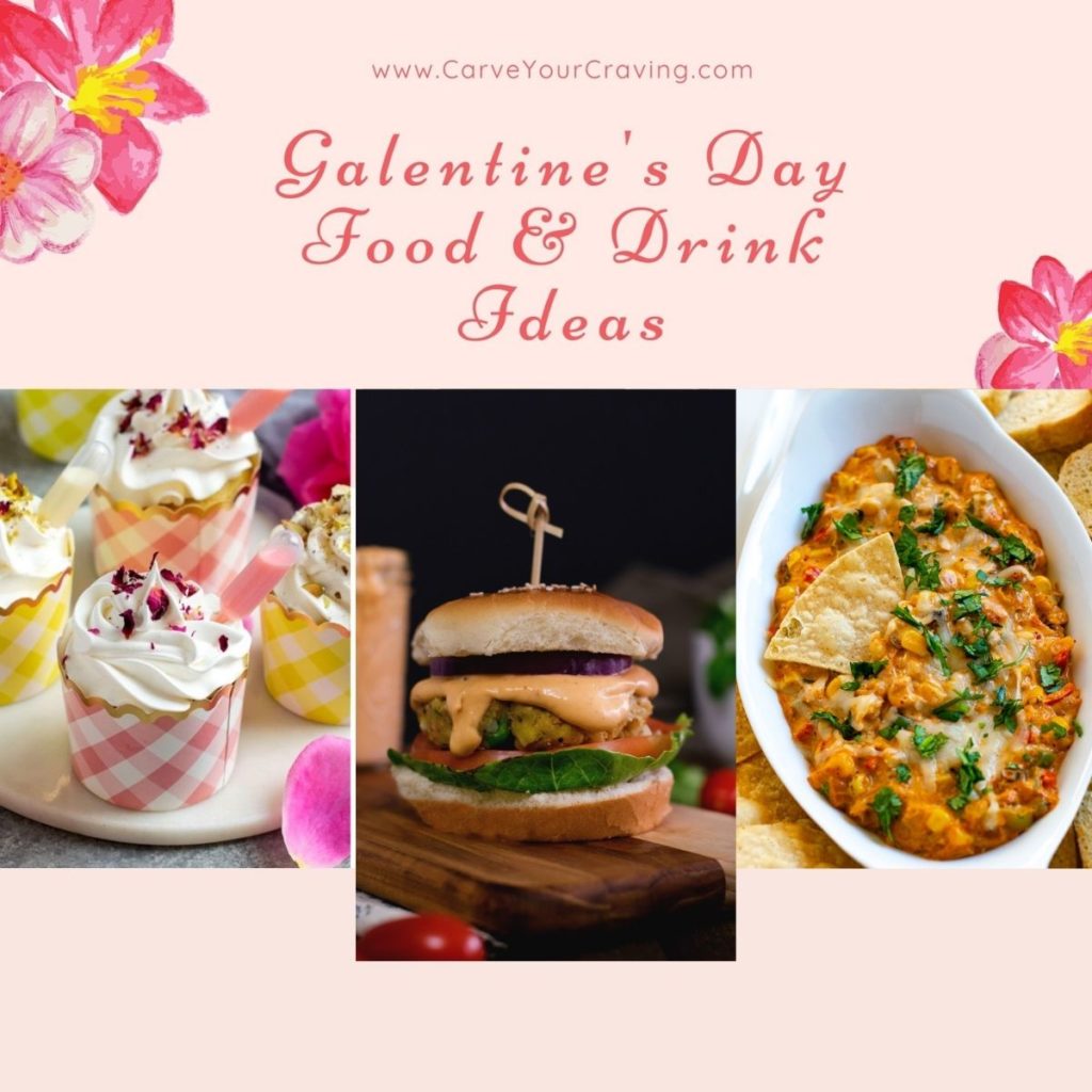 Galentines day food ideas photo collage with 
cupcake, burger and a dip.