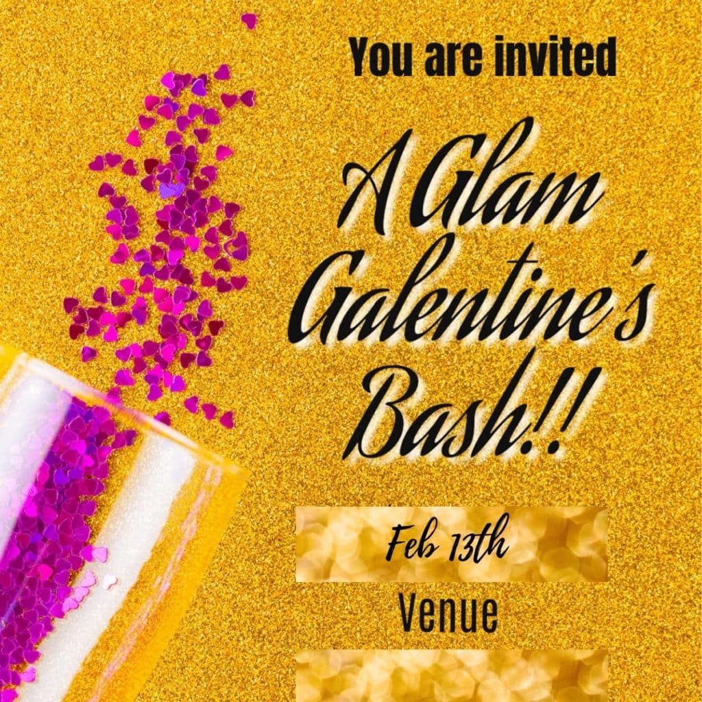 Galentine's day party invite in gold and pink theme.