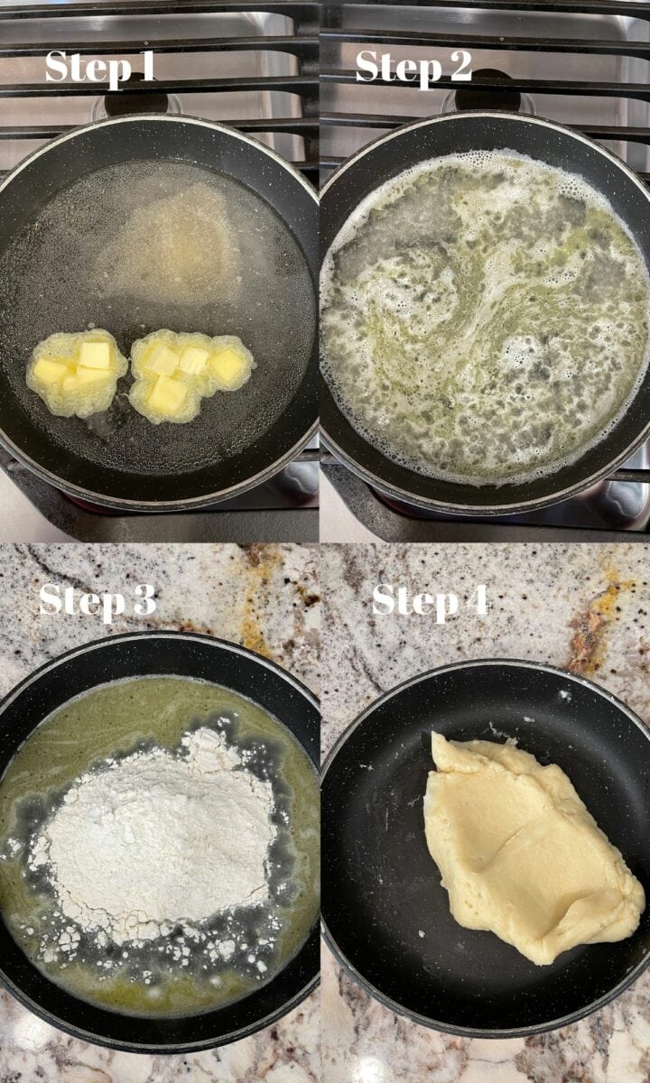 Making the churro dough in a pan by melting butter in hot water. 