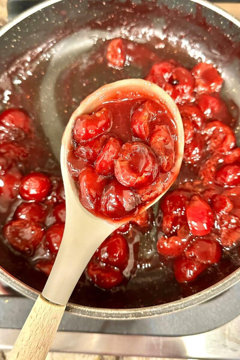 Cherry filling made in a pan. 