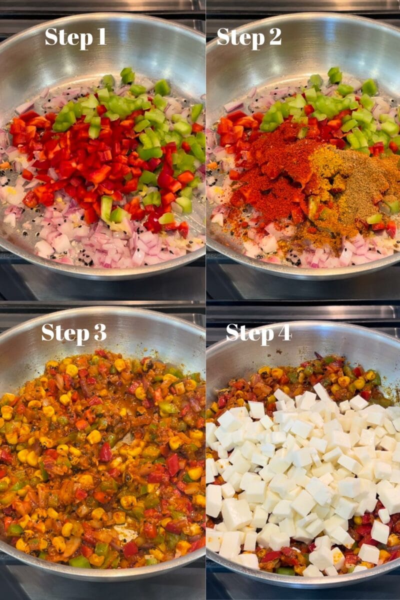 Making paneer masala in a pan adding veggies and spices.