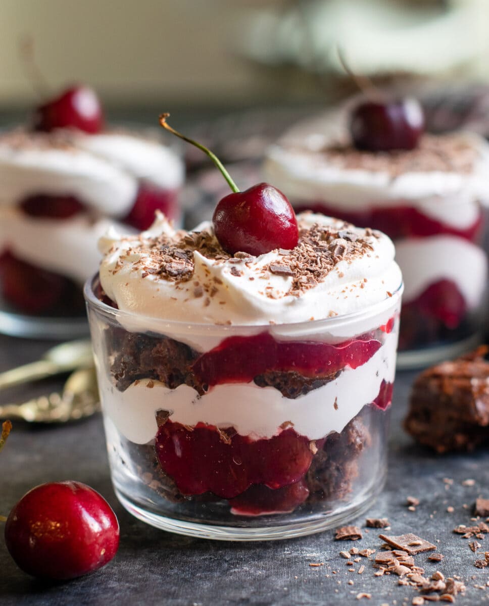 Black forest brownie trifle served with cherry on the top.