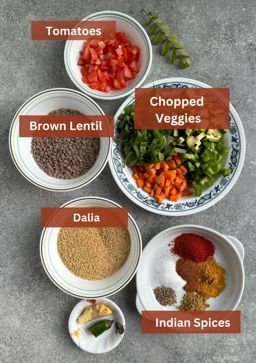 Ingredients to make daliya brown lentil khichdi.
