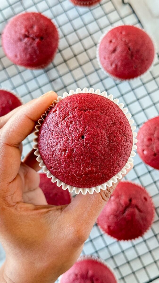 Red velvet cupcakes naturally colored with beetroot. 