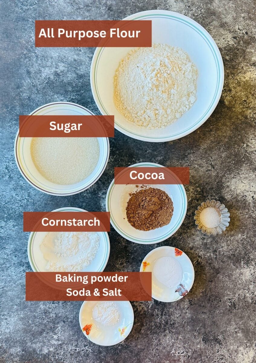 Dry ingredients to make an eggless red velvet cake. 